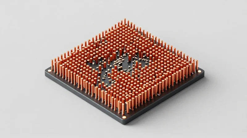 Isometric view of a PCB with thermal relief structures and cooling components