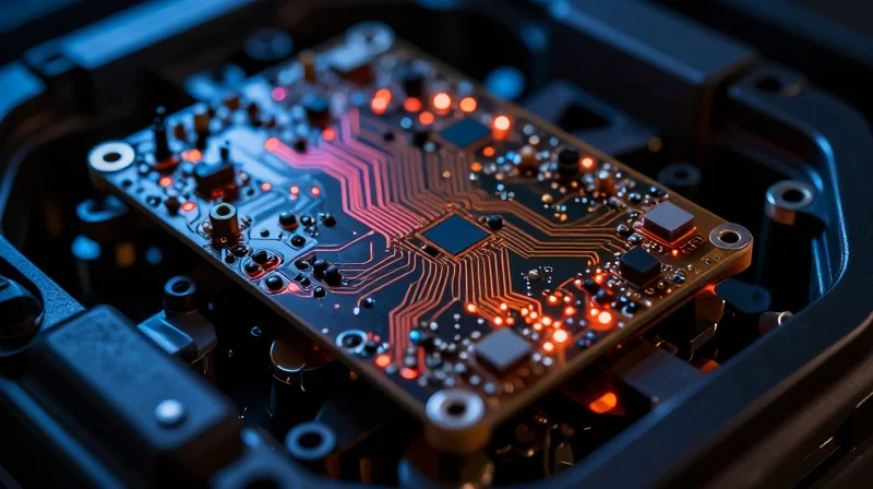Conceptual visualization of a failing automotive engine control unit circuit board in a high-heat environment.