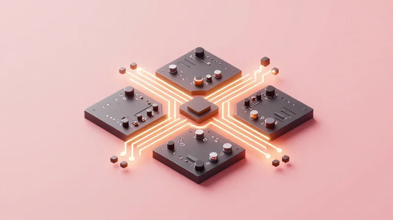 Isometric view of a 3D digital model representing PCB design processes and thermal analysis.