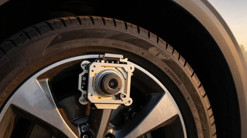 A close-up view of an automotive TPMS sensor module mounted inside a car tire, depicting durability in a high-stress environment.