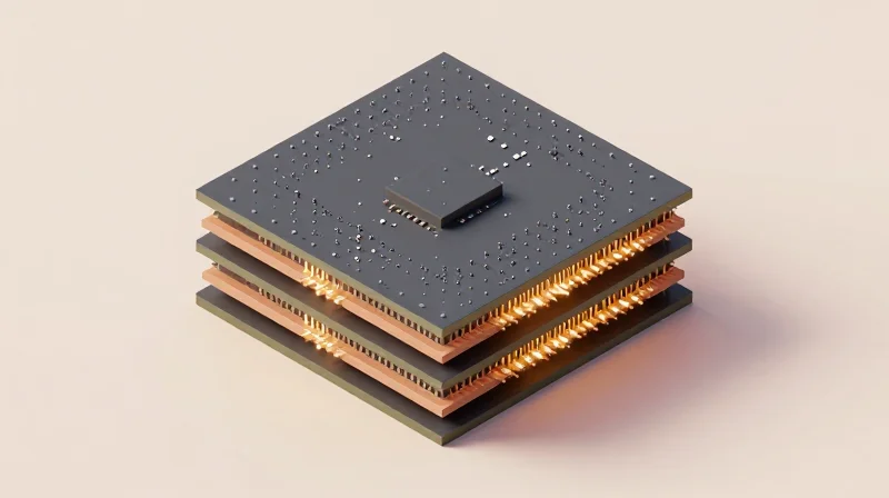 Isometric 3D render of a multilayer PCB showing micro-vias and symmetrical stack-up structure.