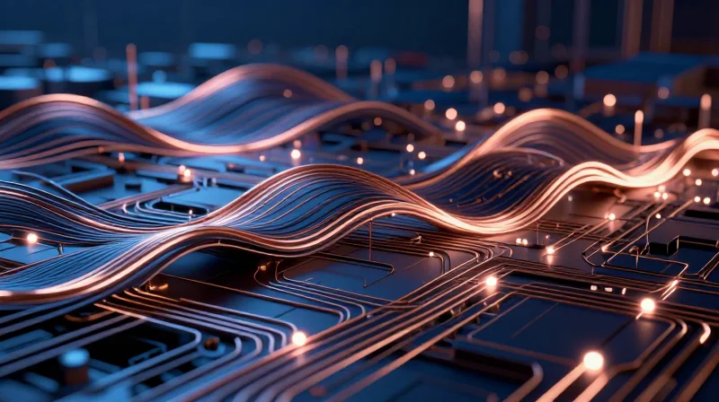 Abstract conceptual visualization of high-frequency signal traces and impedance integrity.