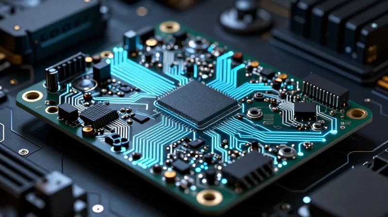 A high-tech automotive Engine Control Unit PCB glowing with blue energy nodes representing safety and reliability
