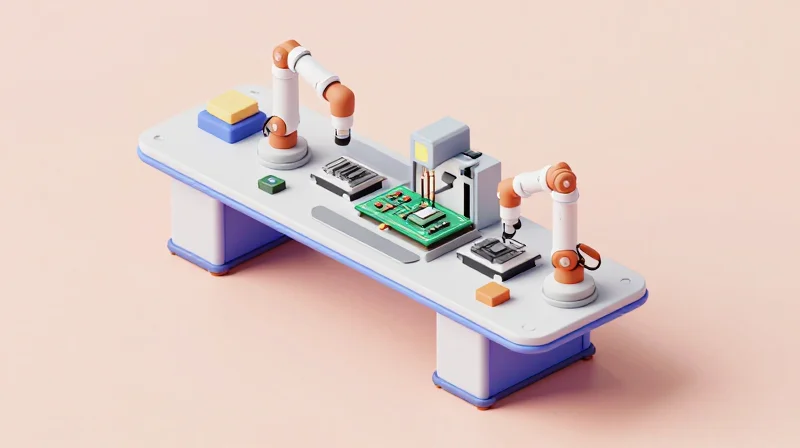 Isometric view of a modern PCB inspection and testing assembly line