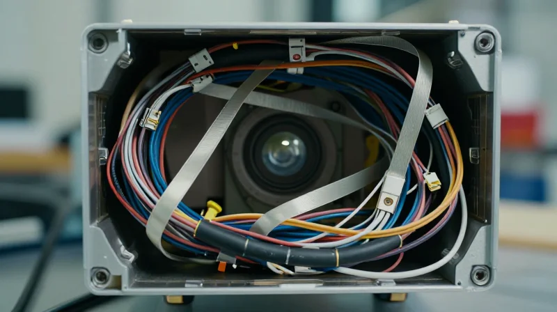 A complex array of messy, tangled wires and cables inside a high-tech LiDAR sensor chassis, representing system vulnerability.
