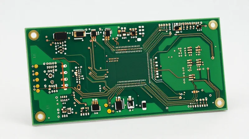 A clean, studio-lit shot of a modern, multi-layered rigid-flex PCB, showcasing smooth transitions between solid and flexible sections.