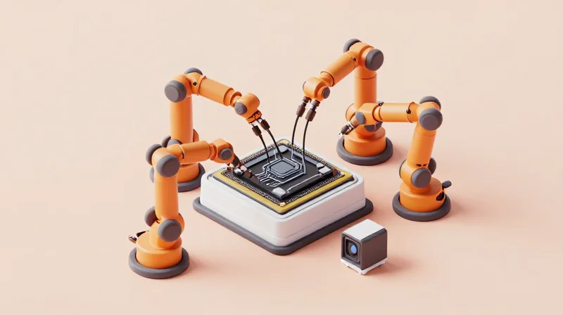 Isometric view of a robotic assembly line for LiDAR, showing the simplified integration of a single rigid-flex component into a device.