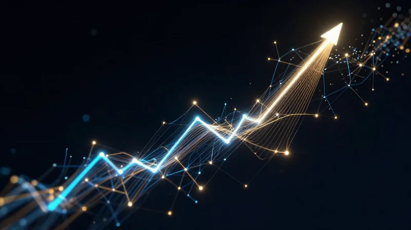 Abstract visualization of rising efficiency and data connection nodes in a dark, high-tech digital environment.