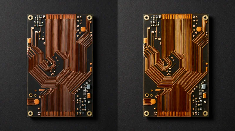 Side by side comparison of a standard thin PCB and a thick heavy copper PCB