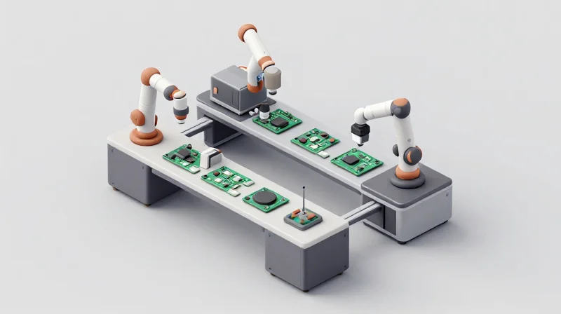 Isometric 3D illustration of automated PCB testing and validation flow