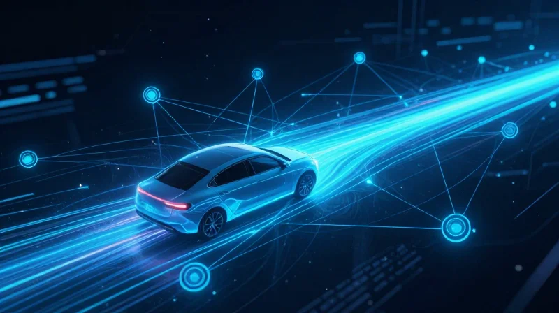 Abstract representation of high-speed V2X data connectivity and automotive signal flow