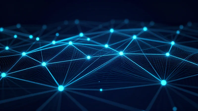 A conceptual visual of an interconnected, transparent supply chain network with glowing nodes.