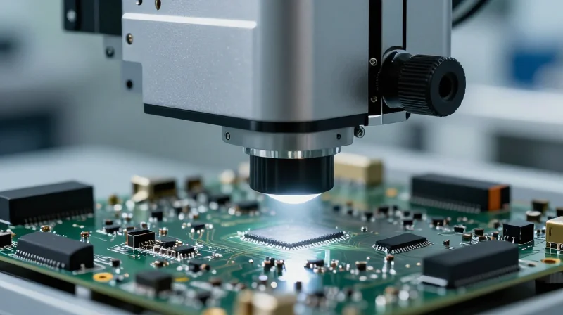 A close-up view of an advanced automated optical inspection system scanning a circuit board.