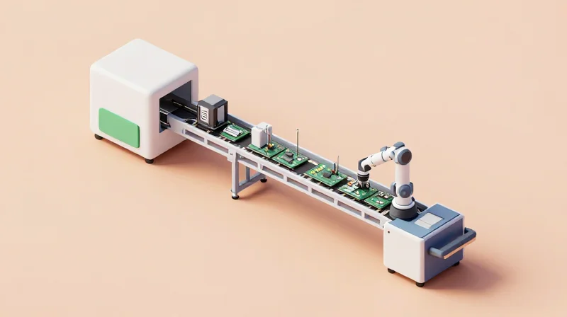 Isometric view of a modern automated surface mount technology assembly line