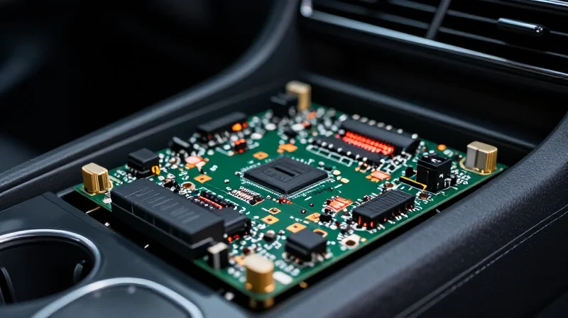 Abstract representation of an automotive HVAC control unit exposed to thermal and vibration stress factors in a modern vehicle engine compartment.