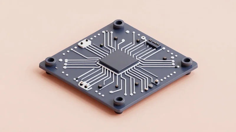 Isometric 3D model of a PCB with highlighted mechanical anchoring points and vibration damping structures.