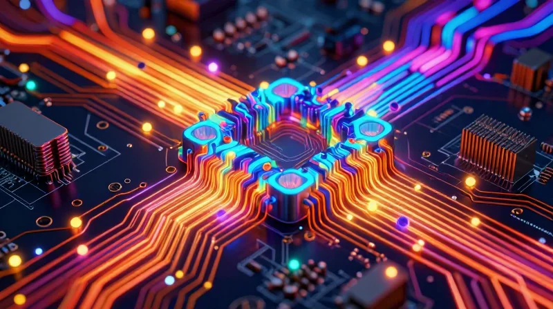 Visualization of heat dissipation across a PCB surface using thermal vias and heatsink interface.