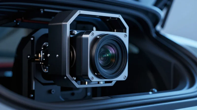 An abstract visualization of modern automotive camera sensor miniaturization inside a vehicle housing.