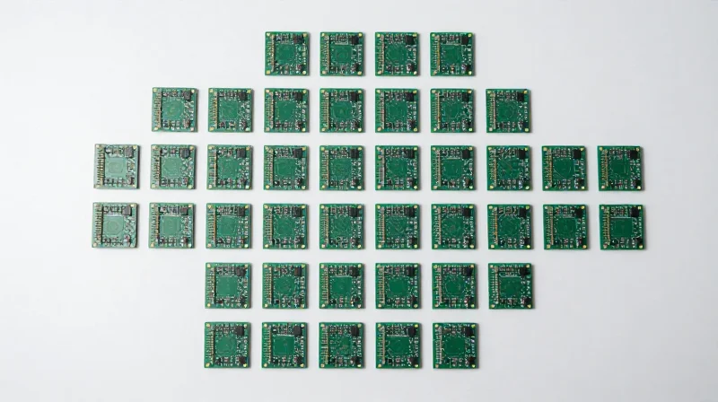 A top-down view of highly optimized PCB boards arranged in a manufacturing panel to minimize waste.