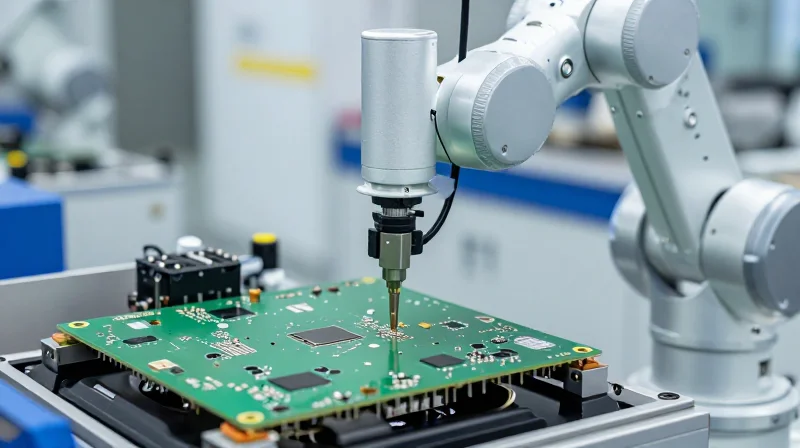A robotic arm placing components on a circuit board in a high-speed production line.