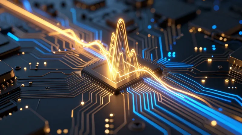 Abstract representation of high-speed data signals flowing through a miniaturized circuit.