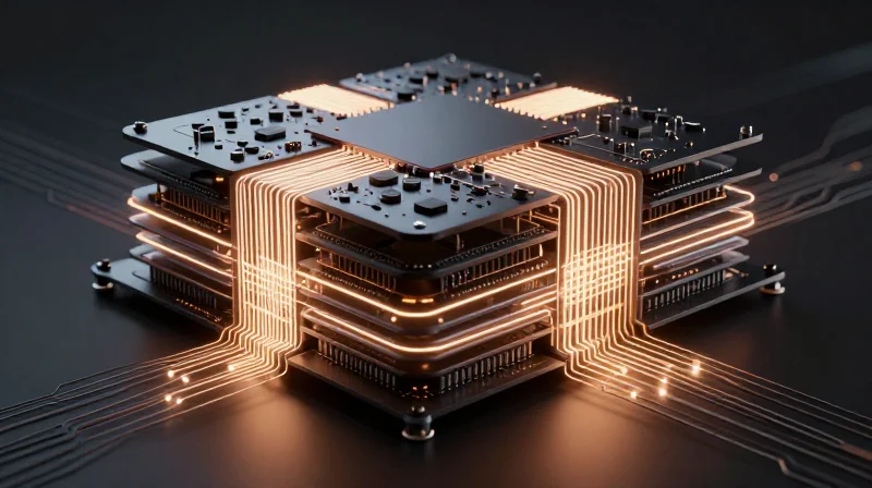 Conceptual 3D visualization of a multi-layer PCB stack-up with glowing signal paths.