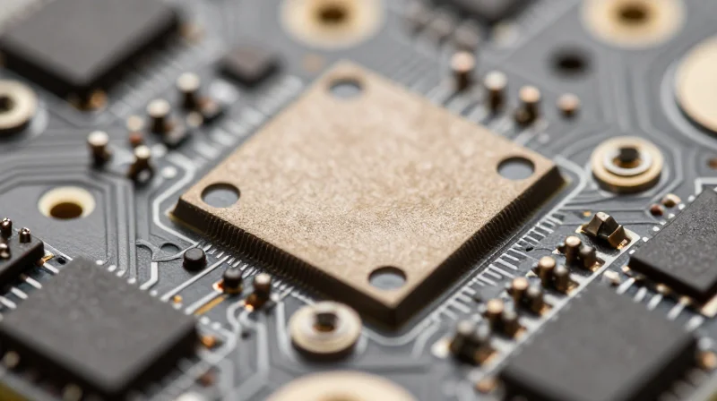 Microscopic view of via-in-pad structures on a high-density interconnect circuit board.