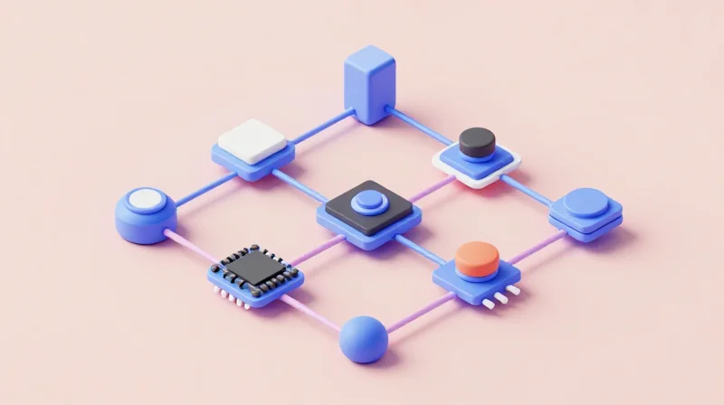 Isometric 3D representation of an electronic system workflow and design simulation.