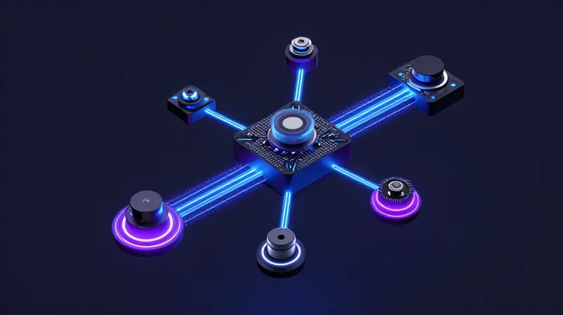 Conceptual 3D visualization of sensor fusion with data streams connecting components