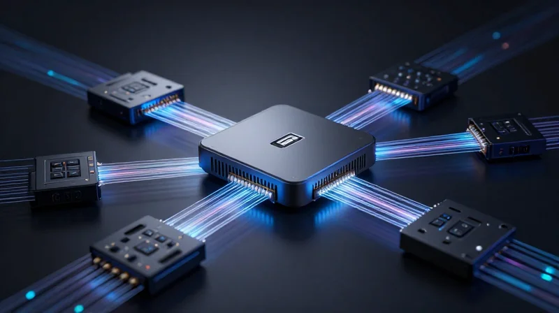 A futuristic representation of a connected vehicle gateway system hub with glowing data signals.