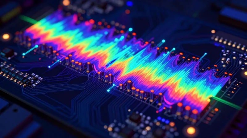 Heat dissipation visualization on a circuit board surface.