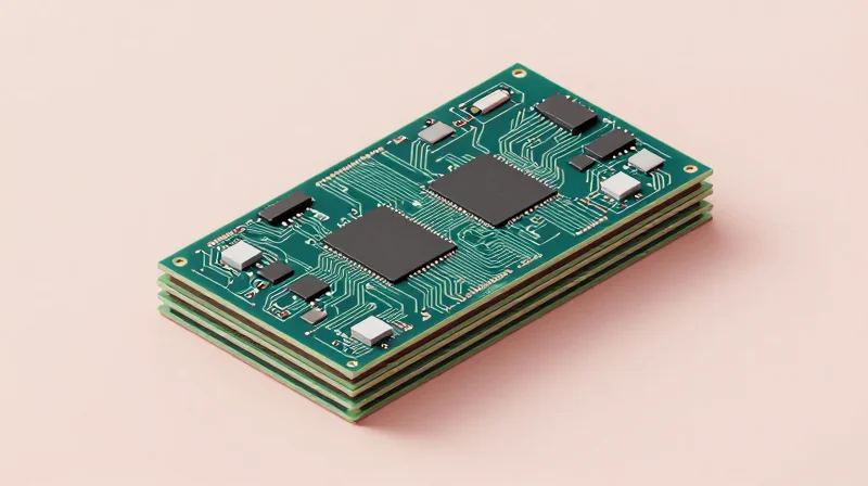 Isometric 3D view of a multi-layer PCB stack-up showing distinct copper and dielectric layers