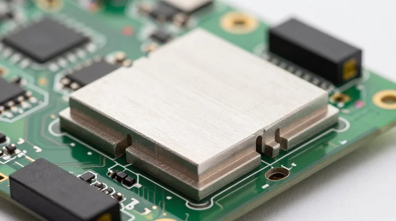 Close-up of a high-density PCB board with integrated heat sinking features.