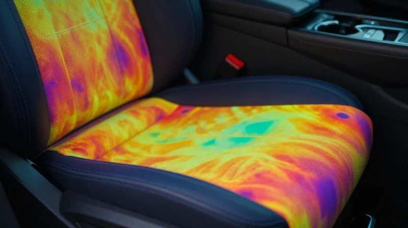 Thermal imaging view of an automotive seat heater surface showing heat distribution patterns