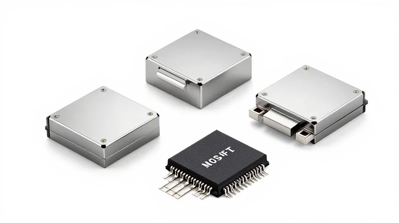 High-efficiency MOSFETs and current sensing ICs arranged on a white background