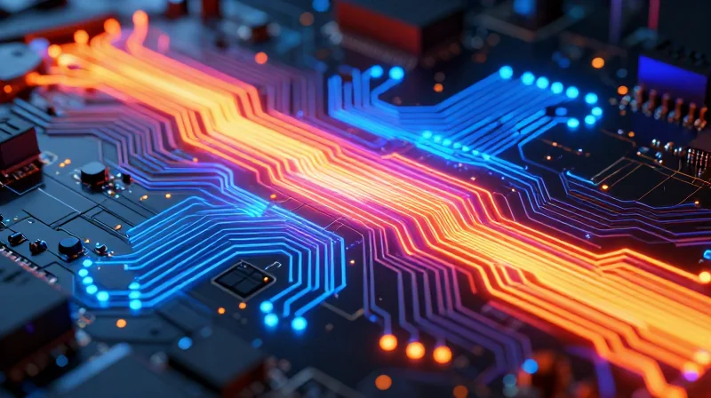 Thermal management concept on a PCB showing heat dissipation flow