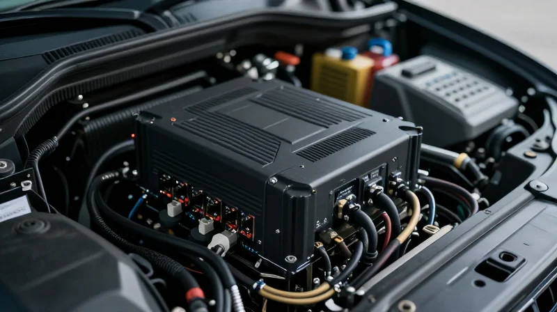 A conceptual view of automotive electronic components inside a vehicle chassis