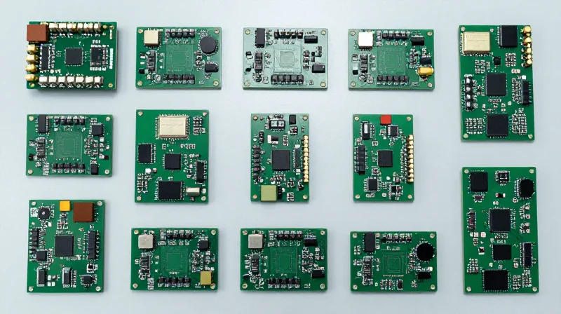 Flat lay of electronic components being organized for PCB assembly