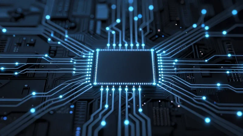 PCB board with highlighted test access points on an abstract background