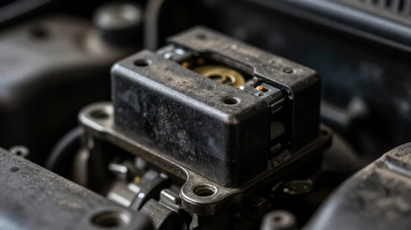 An aging, rusty mechanical electrical relay with frayed wires, symbolizing outdated automotive technology.