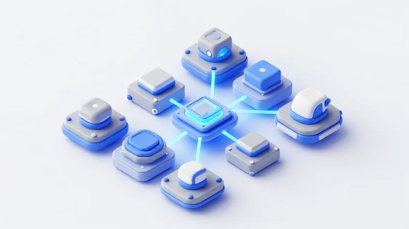 Isometric view of a car chassis showing modular, distributed computing nodes connected via a unified network.