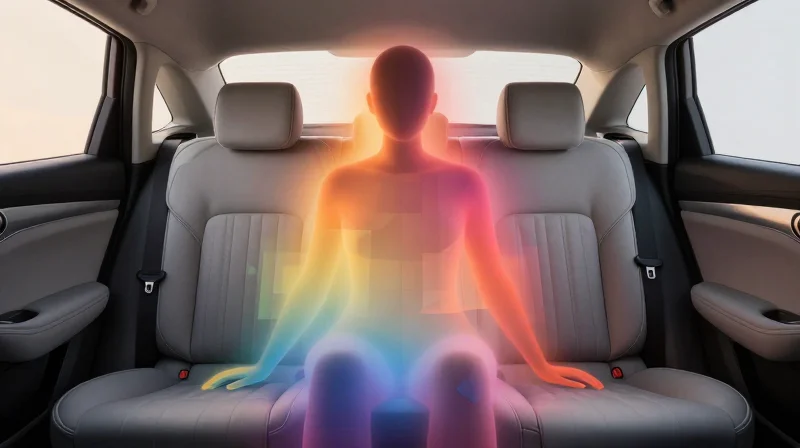 Abstract conceptual art showing a human silhouette in a chair surrounded by soft, glowing aura representing personalized climate zones.