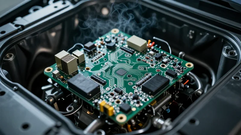 A modern transmission control unit mounted near a vehicle drivetrain with steam and heat distortion effects to represent extreme conditions.