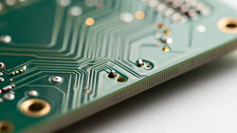 Close-up macro shot of a sophisticated high-Tg PCB substrate with intricate gold-plated copper layers, demonstrating robust material construction.