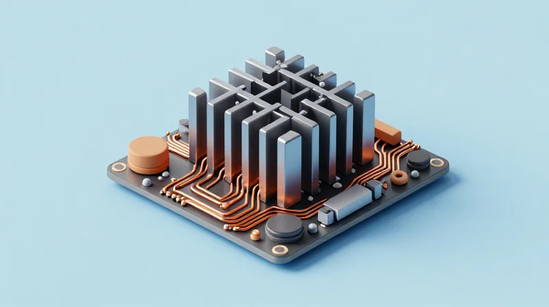 Isometric 3D illustration of a PCB with thermal heat sinks and integrated cooling pathways showing heat dissipation.