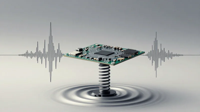 Conceptual illustration showing a circuit board isolated from mechanical stress by suspension mounts.