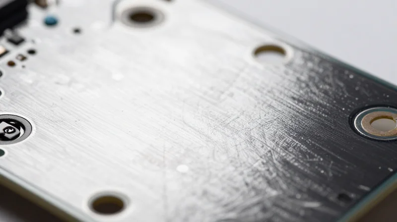 A circuit board surface with a protective chemical-resistant coating reflecting light, demonstrating durability.