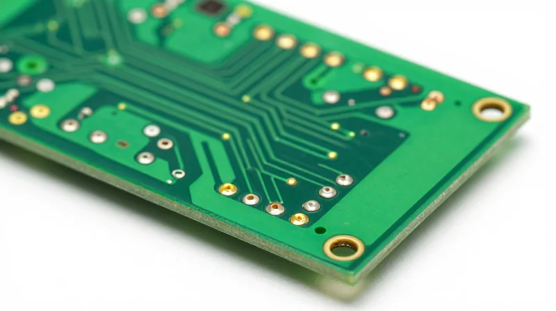 A macro shot of a green printed circuit board with visible solder joints and traces.