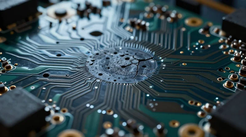 A close-up representation of a printed circuit board with microscopic cracks near solder joints due to thermal stress, showing material expansion effects.