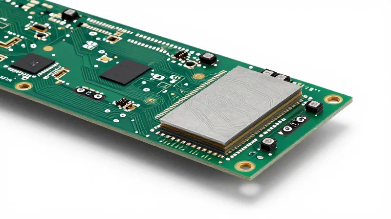 Close-up of a high-performance multilayer PCB stack-up with distinct texture, highlighting advanced substrate layers and metallic finishes.